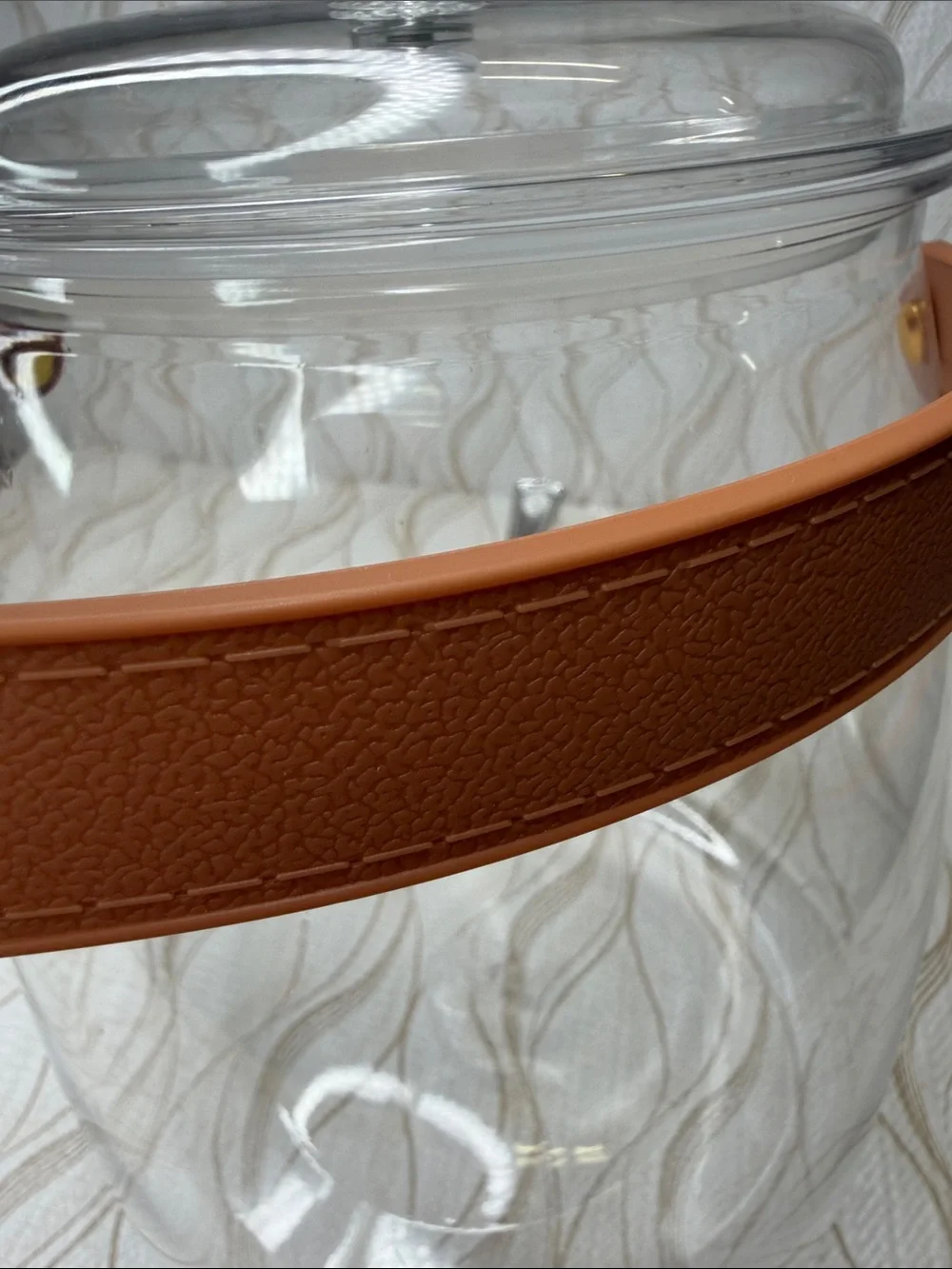 Clear Plastic Beverage Dispenser Brown Faux Leather/ Rubber Strap NWT
